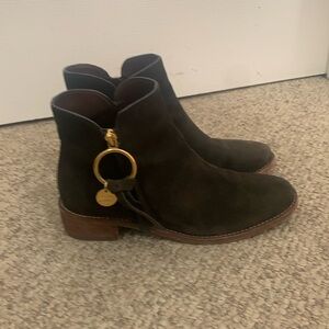 See by Chloe brown suede logo pull gold bootie boots 36 US 6